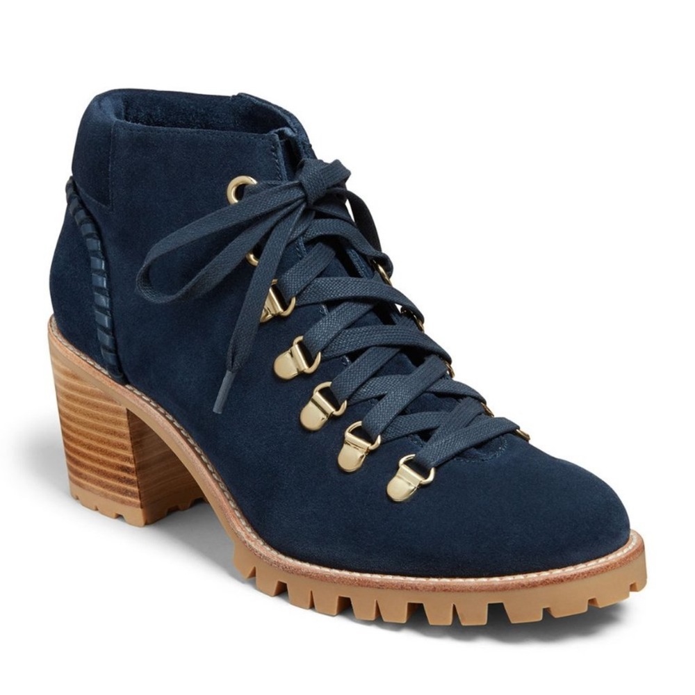 Jack Rogers Poppy Suede Hiker Ankle Boots Lace Up Navy Blue Chunky Block Heel